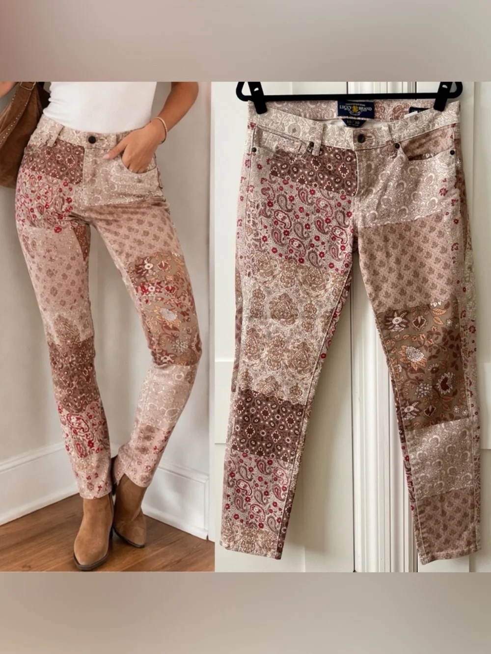 Lucky Brand Charlie Skinny Boho Patchwork Jeans Beige Sz 10 - Picture 1 of 16